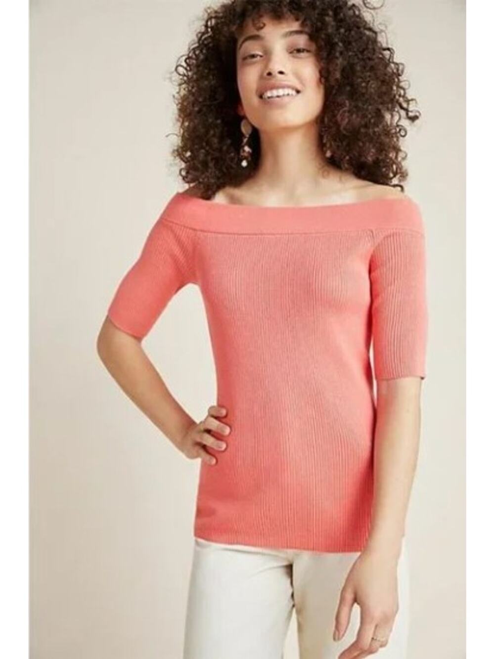 Anthropologie Minuet Off-The-Shoulder Sweater Top 3/4 sleeve Ribbed Med
